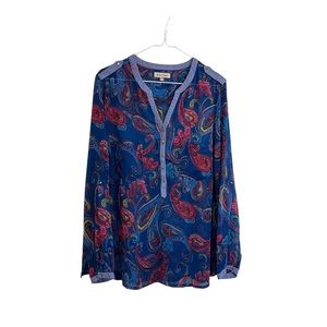 Tiuta Style Blue Paisley Sheer Button Up Roll Tab Sleeve Top Womens Size L/XL